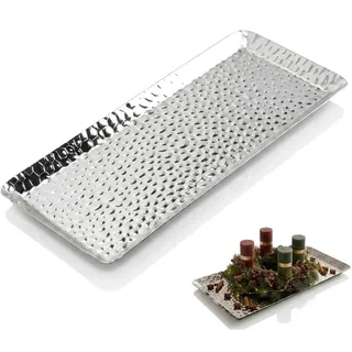 Gehämmertes Tablett, Dekotablett Silber für Adventskranz, Weihnachten | 25 x 11 cm, Gehämmerte Edelstahl Schale, Rostfreies Serviertablett, Kerzenteller