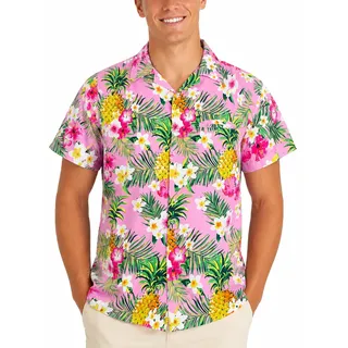 King Kameha Funky Hawaii Hemd Männer - Tropisches Hawaiihemd Herren Kurzarm mit Brusttasche & Ananas-Blumen-Print - XL