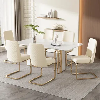 Merax Schwingstuhl 6er-Set, Samt Esszimmerstühle mit Metall-Stützbeinen, bequemer Freischwinger Stühle für Wohnzimmer, Schlafzimmer, Samt, Beige & Gold