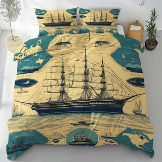 Tyafsgvqo Piratenschiff Bettwäsche 135x200 3 Teilig, Vintage Nautische Thema Bettbezug mit 2 Kissenbezug 80x80 cm, Maritim Meer Abenteuer Bettwäsche Set, 3D Druck Wendebettwäsche mit Reißverschluss