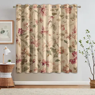 95% Blickdichte Vorhänge Vintage Blumen, Thermo Verdunklungsvorhänge mit Ösen, Bauernhaus Landhausstil Blumenmuster Fenster Gardinen Wohnzimmer Schlafzimmer Deko, 2er Set H 200 x B 140 - D233