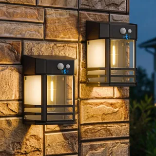 btfarm Solarlampen für Außen mit Bewegungsmelder, 3 Modi Solar Wandleuchte | 2 Stück Retro Warmweiß Solarleuchten Aussenleuchte, IP65 Wasserdicht, Kabellos für Wand Zaun Terrasse Veranda Garten Garage