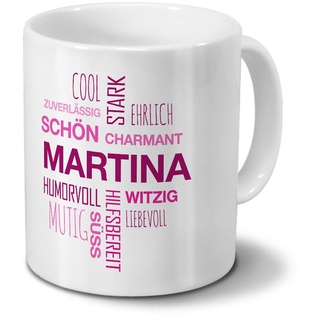 printplanet Tasse mit Namen Martina Positive Eigenschaften Tagcloud - Pink - Namenstasse, Kaffeebecher, Mug, Becher, Kaffeetasse