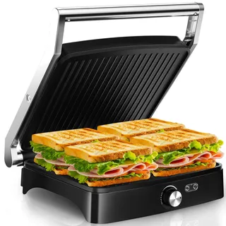 YASHE Kontaktgrill 2000W, Panini-Grill mit Temperaturregler | 180 Grad aufklappbarer Tischgrill mit Antihaftplatten und Edelstahl-Deckel für Sandwiches, Fleisch und Gemüse