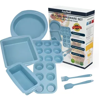 Aschef 7x Antihaft Silikon Backformen Brotbackform Kuchenform Muffinform mit Teigschaber Backpinsel Messlöffel Set, Hitzebeständige Backform für Backen Pizza Brot Kuchen Toast Cupcake Muffin