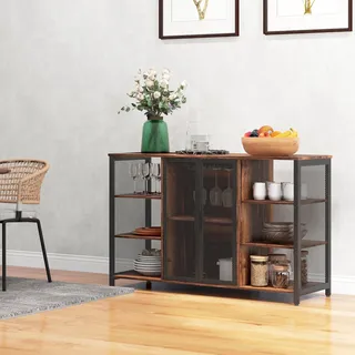 Küchen-sideboard Mit 6 Offenen Regalböden, Glasablage Und Verstellbarem Einlegeboden Für Bar Oder Esszimmer, 120 X 40 X 76 Cm, Rustikales Braun