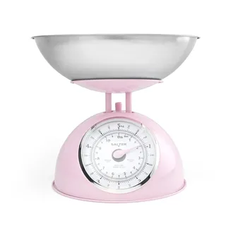 Salter Retro Pink Mechanische Küchenwaage – Leicht ablesbares großes drehbares Zifferblatt, 5 kg Kapazität, 1 Liter spülmaschinenfeste Schüssel, Analoge Lebensmittelwaage, 22 cm Höhe