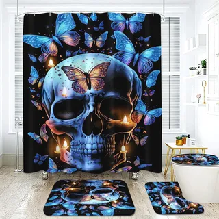 Fadaing Totenkopf Duschvorhang 180 x 200 180 x 180 Schädel Muster Gothic Duschvorhänge Wasserdichtes Polyeste Skull Duschvorhang Badezimmermatte 4-teiliges Set (200 x 200 cm,3)
