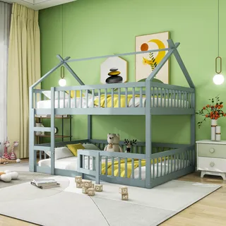 Etagenbett 140x200, Kinderbett Hochbett für 4 Kinder, Hausbett mit Treppe und Tür, Kinderhochbett mit Rausfallschutz und Lattenrost, Bettgestell Stockbett Familienbett Loft Bett(Grau, 140×200cm)