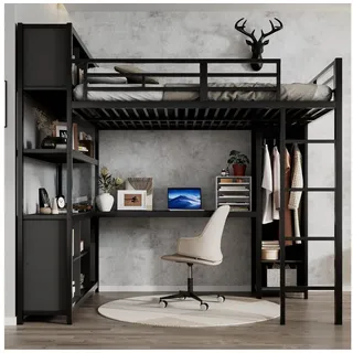Odikalo Hochbett 140x200 Metallbett mit Schreibtisch Jugendbett Kinderbett (Eisenbett, Hochbett, Doppelstöckiger Stauraum unter dem Schreibtisch, Oberes Bett mit Stauraum, Mit Kleiderschrank, Eisen + Spanplatte, Schwarz / Weiß, 140x200cm) Stabile Lattenroste,Vierstufige Leiter, Geräumige und bequeme Bettmaße
