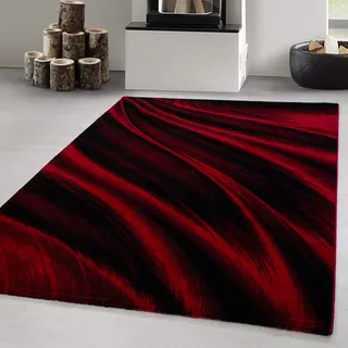 Carpetsale24 Kurzflor Teppich 240x340 cm, Modern Abstrakt Wellen Design in Rot Schwarz, Pflegeleicht, ideal für große Wohnräume, Loftbereiche oder Konferenzzimmer