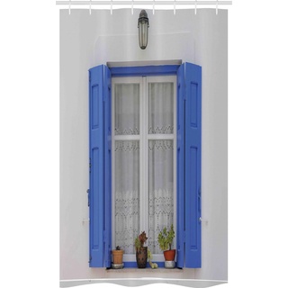 ABAKUHAUS griechisch Schmaler Duschvorhang, Fensterläden Blumen Fenster, Badezimmer Deko Set aus Stoff mit Haken, 120 x 180 cm, Weißer Türkis