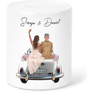 Spardose Hochzeit personalisiertes Geldgeschenk Sparschwein mit Hochzeitsauto & Brautpaar Hochzeitsgeschenk Geld Sparbüchse aus Keramik (Brautpaar V2)