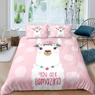 Loussiesd Nettes Lama Bettwäsche Set 135x200cm Mädchen Karikatur Lama Alpaka Design Bettbezug Set für Kinder Erwachsene Girly Südamerikanisches Tier Thema Betten Set Pink Bettwäsche Raumdekoration