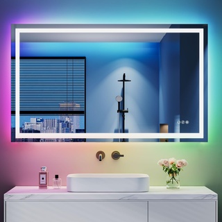 Dripex Badspiegel mit Beleuchtung Led Spiegel mit RGB LED Streifen, Farbwechsel, Touch-Schalter, Dimmbar Badezimmerspiegel, Beschlagfrei 60 x 100 cm