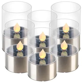 Lunartec LED Teelichter: 6er-Set Solar-LED-Windlichter Lucy mit nachgebildeter Kerzenflamme (Solar-Deko-Lichter, Balkon Lichter, Flamme)