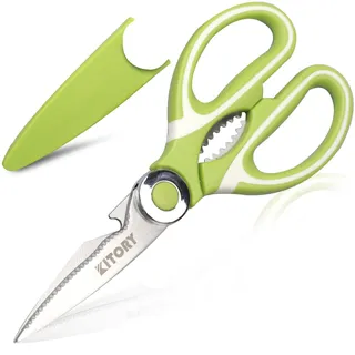 Küchenschere 21 cm, Universalschere mit Klingenabdeckung, Scharfe Haushaltsschere, Flaschenöffner, Sägeschliff, Qualitätsstahl, Spülmaschinenfest, grün