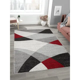 Mia's Teppiche "Mosaix - Moderner Dichter Kurzflor Teppich für Wohn- und Schlafzimmer, mit Konturenschnitt, Geometrischen Mustern, Kariert, in Grau Rot, 120 x 160 cm