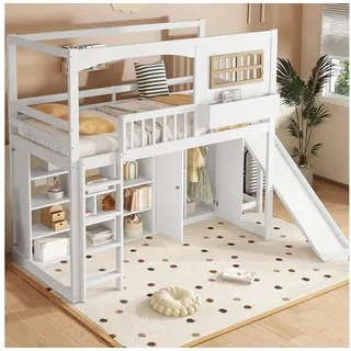 LuxusKollektion Etagenbett Kinderbett Hochbett 90x200 Weiss mit Schrank (1-St) weiß