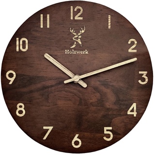 Holzwerk Natur Wanduhr Holz-Uhr Vintage lautloses Uhrwerk ohne Tickgeräusche Braun lautlos aus handgefertigtem Massivholz Natur Holz mit Hirsch Motiv