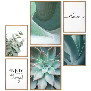 Papierschmiede® Mood Poster Set Green Love, Fertiges Bilder Set mit Rahmen (Holz, Natur), Wohnzimmer Deko Schlafzimmer, 2x DIN A4 und 4x DIN A5, Eukalyptus Agave Aloe Vera Grün