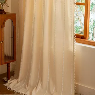 Sutuo Home Boho-Vorhänge für Schlafzimmer, Wohnzimmer, halbverdunkelnd, Leinen, Bauernhaus, Shabby-Chic-Quasten, Fensterbehandlung, Bohemian-Stickerei, Vorhang, Stangentasche, 1 Paneel (B x L),