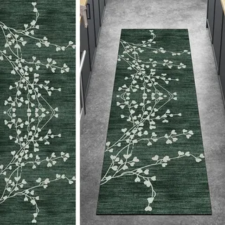 Ymural Lang Teppich Läufer Flur Vintage Kücheteppich 50x250CM Dunkel Grün Kücheläufer rutschfest Lang Teppichläufer Waschbar Kurzflor Polyester Korridor Schlafzimmer, Anpassbar Breite 40-120cm