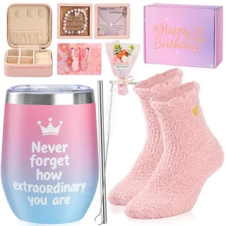 Geschenk Teenager Mädchen 9 10 11 12 13 14 15 16 17 18 Jahre, Geschenkbox Geburtstag Thermosbecher Socken Schmuck Kästchen Armband Grußkarte Geschenkideen für Tochter Enkelin Schwester Freundin Nichte