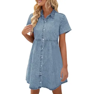 DeaAmyGline Damen Jeanskleid Knielang Sommerkleid Midi Jeans Kleid Sommer Kurzarm Revers Knopfleiste Flowy Tiered Babydoll Denim Kleider Oversized Aesthetic Mode Fauen Freizeitkleid