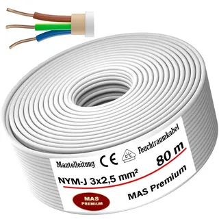 MAS Premium Feuchtraumkabel Stromkabel 5-200m Mantelleitung NYM-J 3x1, 5 2,5 4 6 10 oder 5x1,5 2,5 4 6 10 16 Elektrokabel für feste Verlegung (NYM-J 3x2, 5 mm2, 80m)