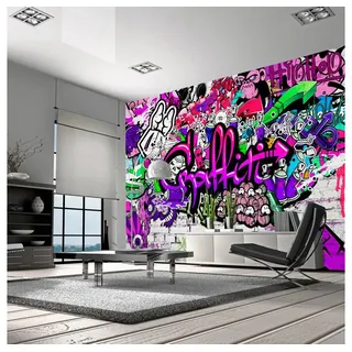 KUNSTLOFT Vliestapete Purple Graffiti 4x2.8 m, Halb-matt, lichtbeständige Design Tapete grün|lila 4.00 m x 2.80 m