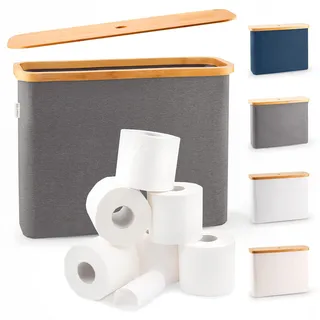 LONBET Toilettenpapier Aufbewahrung Box mit Deckel aus Bambus - Klopapier Aufbewahrung 12 Rollen - Stapelbar, Wasserdicht, Antibakteriell & Atmungsaktiv, Aufbewahrung Badezimmer, Grau 45x15x34.5cm