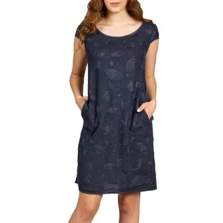 Caspar Sommerkleid SKL031 knielanges Damen Sommer Leinenkleid mit Ginko Blatt Stickmuster Luftig leicht, figurumspielende Form, mit seitlichem Jersey-Einsatz blau XL - DE42 UK14 IT46 ES44 US12