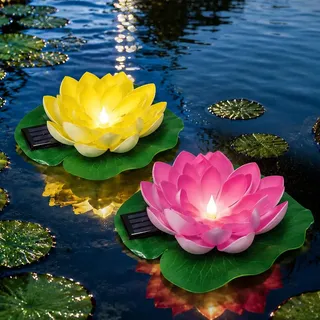 2 Stück Schwimmende Blumen, Schwimmende Lotuslichter Solar Lotusblüte, 16cm