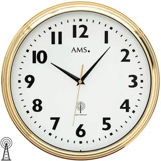 AMS 5963 Wanduhr Funk Funkwanduhr Analog Messing Farben Golden Rund mit Glas