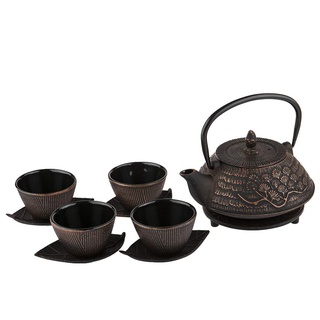 lachineuse - Tee-Set aus Gusseisen, Kirschblüten – 1 Teekanne, 4 Tassen aus Gusseisen & Filter – Fassungsvermögen 0,8 l – japanische asiatische Dekoration – Geschenkidee für Geschirr – Farbe: Schwarz