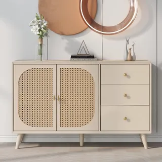 BTM Esszimmer Wohnzimmer Sideboard Kommode Stehschrank, Türen Schubladen großem Stauraum Offwhite Creme, Breite 120x40x82cm