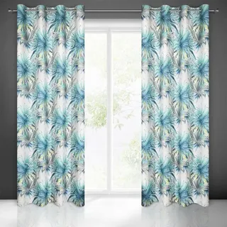 Eurofirany Ingrid Vorhang Blackout Blätter Dschungel Muster Trend Ösen Elegant Hochwertig Glamour Schlafzimmer Wohnzimmer, Stahl + Blau, 140X250