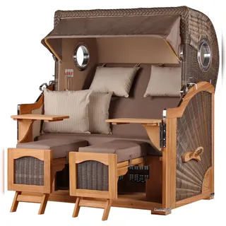 Mr. Deko bene,iving Strandkorb Komplettset Ammersee Grande XL Teak Bullauge PE grau Modell 534 inkl. Liftersystem Schutzhülle Doppelrollen Glasbecherhalter