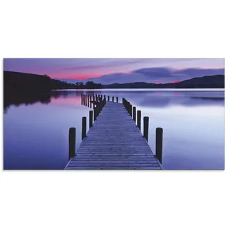 ARTland Wanddeko Glasbilder Wandbild Glas Bild einteilig 100x50 cm Querformat Panorama See Landschaft Natur Wald Steg Sonnenuntergang Lila U1UF