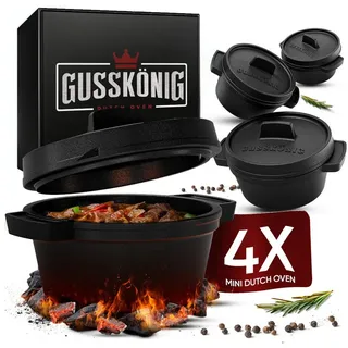 GUSSKÖNIG Grilltopf Mini Dutch Oven Set 4-teilig mit Griffen, Gusseisen