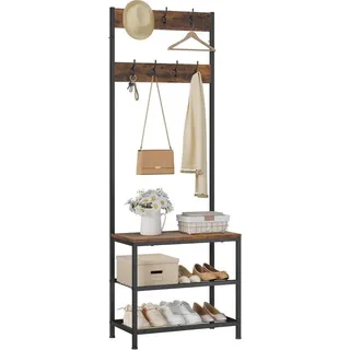 WOLTU Kleiderständer, Schuhregal mit Sitzfläche, 7 Haken, aus Holz und Stahl : Rustikales Braun Farbe: Rustikales Braun - Braun/Weiß/Schwarz