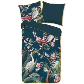 Descanso Sarenza Organic Cotton Satin Bedding Set with Duvet Cover 155 x 220 cm + 1-80 x 80 cm Pattern: Floral Animals and Leaves