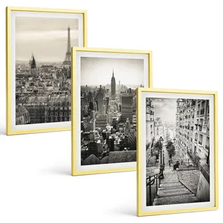 BILDER SET 3er Set - 40x60 cm Goldrahmen - Aussicht Paris New York Treppen