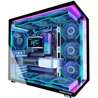 MUSETEX Y6 PC Gehäuse Vorinstallation 7 Infinity Mirror PWM ARGB-Lüfter, ATX Mid Tower Computer Gehäuse, Gaming PC Gehäuse mit Type-C, 270° Full View Tempered Glass, Schwarz