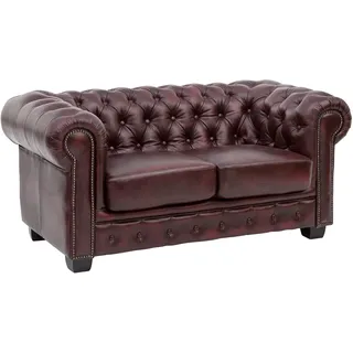 Woodkings® Chesterfield Sofa 2-Sitzer Echtleder Couch Bürosofa Polstermöbel 2er antik Unikat Herrenzimmer englisches Ledersofa Stilsofa Clubsofa (antik rot)
