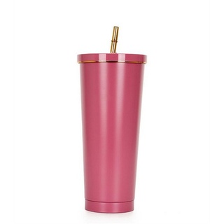 Rouemi Isolierflasche Edelstahl Trinkbecher mit Strohhalm, Heiß/Kalt Thermobecher 750ml, 12h heiß/24h kalt rosa
