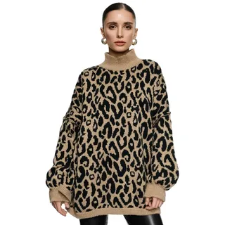Worldclassca Longpullover WORLDCLASSCA Damen Oversize Strickpulllover Lang Leopard Muster Neue Kollektion - Stilvolle und gemütliche Strickmode für Damen beige|schwarz