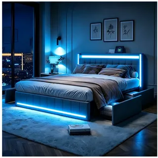 Furnishings Home Polsterbett 140x200 cm Stauraumbett LED Doppelbett (1 tlg, Geeignet für Jungen und Mädchen, Mit große Stauraum), mit Lattenrost und Ladefunktion, mit Komforthöhe, Leises Design Bett grau