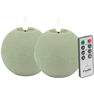 Candela Lights LED Kerzen 2er Set Ø8x7cm grün rustic Kugelkerze Echtwachs mit Fernbedienung & Timerfunktion Flammenlose flackernde LED-Kerze mehrstufig dimmbar
